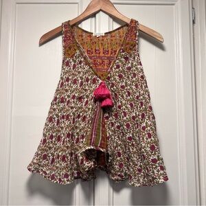 Poupette St Barth Flowy Boho Floral Top Sleeveless Cotton Size Small Tassels